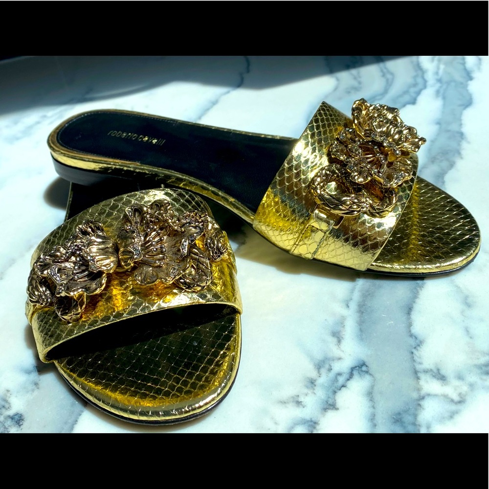 Roberto Cavalli Gold hardware flat sandals